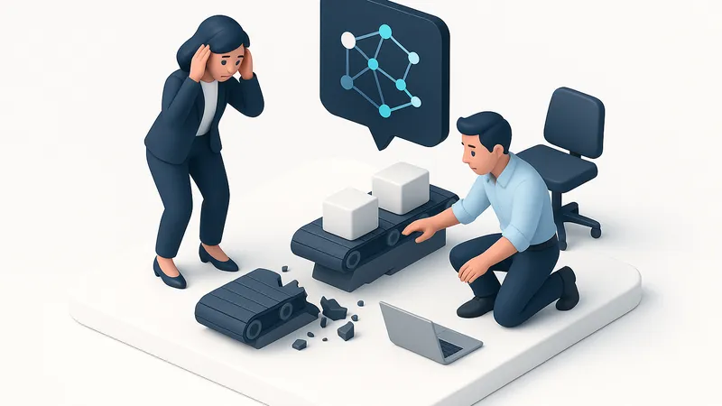 Zwei Fachkräfte analysieren einen unterbrochenen KI-Workflow auf einer weißen Bühne